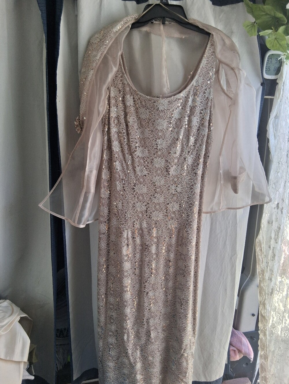 R&M Richards Sequin Lace Maxi Dress in Champagne Blush